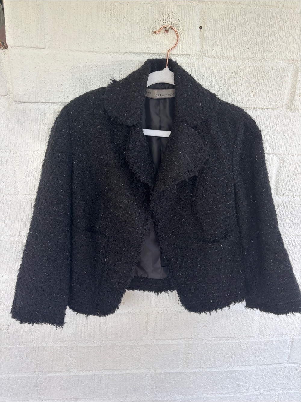 Zara Tweed Black Cropped Fringe Blazer Jacket sz XS